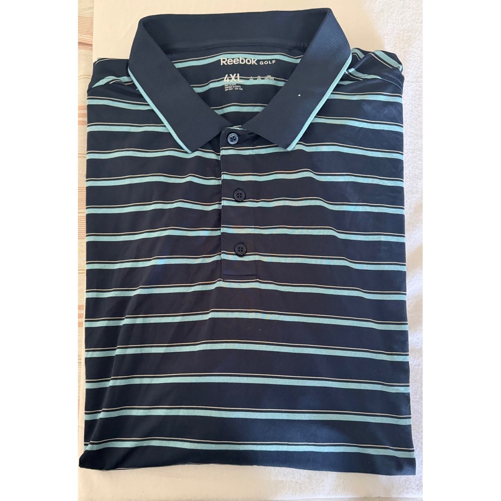 Reebok Golf Mens 4XL Navy Blue Aqua Striped Short Sleeve Polo Shirt